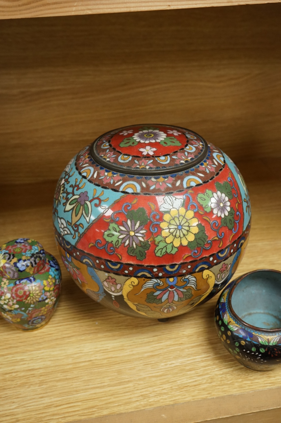 A large Japanese cloisonné enamel globular Koro and Cover, and three other pieces of cloisonné enamel, largest 211cm high